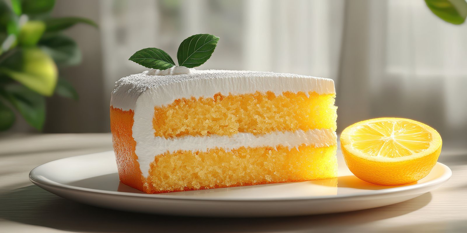 Delicious lemon cake slice served with fresh lemon on a wooden table surrounded by plants in bright natural light